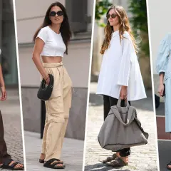 Quattro donne sfoggiano look casual chic con Birkenstock. Un outfit donna con pantaloni marroni, un altro con cargo beige, uno con camicia bianca oversize e un abito azzurro.