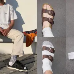 Un uomo indossa Birkenstock con calzini, mostrando diverse angolazioni e stili di calzini abbinati ai sandali.