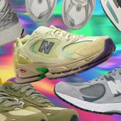 Sneakers colorate e iconiche dell'azienda New Balance, un mix di stili e modelli che celebrano la storia del brand.