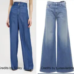 Modelli di pantaloni in denim con gamba larga, che illustrano il "wide fit significato" per un look comodo e alla moda.
