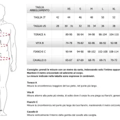 Scheda misure sartoriali uomo: schema corporeo con punti di misurazione (A, B, C, D) e tabella taglie dettagliata per torace, vita, fianchi e cavallo.