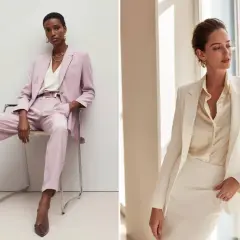 Eleganza in rosa e bianco: due opzioni di smoking per un invitato a un matrimonio.