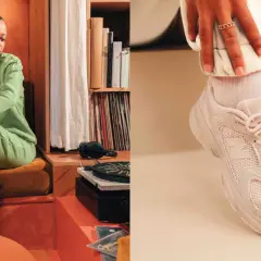 Donna con tuta verde e sneakers New Balance 530, un look casual e alla moda.