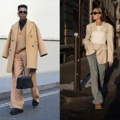 Quattro outfit urbani: uno con blazer grigio e pantaloni coordinati, un altro con cappotto cammello e pantaloni ampi, un terzo con blazer beige e corsetto, e l'ultimo con pantaloni in pelle e cardigan colorato. Due indossano un outfit con ugg neri.
