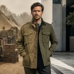 Un uomo indossa una field jacket, un capo versatile che unisce stile militare e moderno. Sullo sfondo, un campo militare con tende e jeep.
