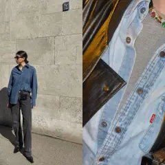 Look di tendenza: camicia jeans aperta su t-shirt grigia, jeans scuri e borsa a tracolla. Dettagli di stile con collana colorata e giacca in pelle.