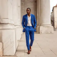 Uomo con abito blu elegante, camicia bianca e scarpe marroni. Un look perfetto per ogni occasione.