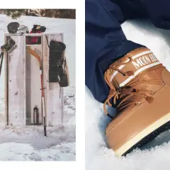Giovane giocatore di hockey con un completo da hockey e stivali Moon Boot dorati, pronto per il ghiaccio.