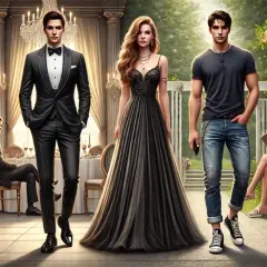 Uomini in smoking e donne con abiti eleganti, pronti per un evento **cocktail attire**.