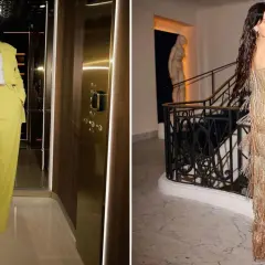Donna in elegante tailleur giallo e abito da sera dorato con frange, mostrando diversi tipi di vestiti con nomi diversi.