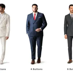 Uomini in abiti eleganti: uno bianco monopetto, uno blu doppiopetto 4 bottoni, uno grigio doppiopetto 6 bottoni.