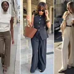 Tre donne sfoggiano un elegante outfit ufficio: pantaloni a palazzo, gilet sartoriale e trench.