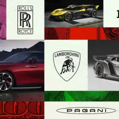 Un collage di auto di lusso e loghi di marche costose: Rolls-Royce, Ferrari, Lamborghini, Bugatti, Mercedes, Pagani.