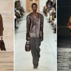 Modelli sfilano con outfit eleganti dove grigio e marrone stanno bene insieme, creando look sofisticati e moderni.