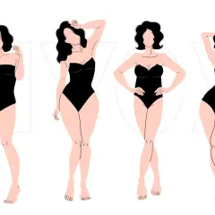 Quattro silhouette femminili in costume nero: una con fisico a rettangolo, una a clessidra, una a pera e una a triangolo invertito.