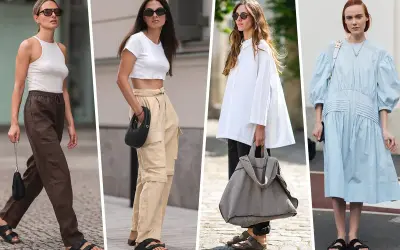Quattro donne sfoggiano look casual chic con Birkenstock. Un outfit donna con pantaloni marroni, un altro con cargo beige, uno con camicia bianca oversize e un abito azzurro.