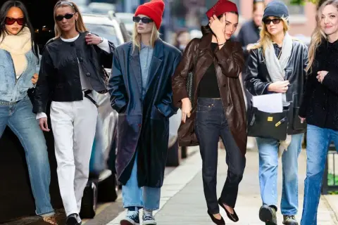 Sei donne sfoggiano outfit texani e jeans in varie tonalità, da quelle chiare a quelle scure, con giacche in pelle e cappotti.