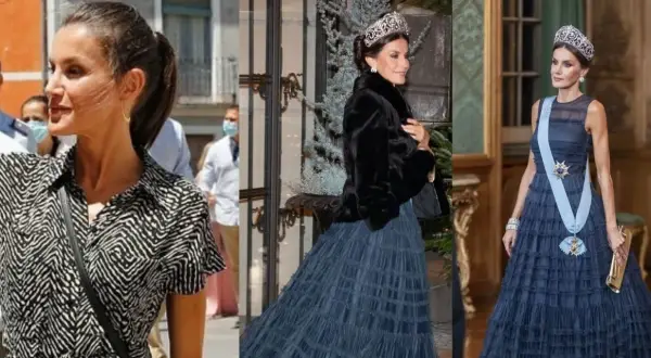 Letizia Ortiz in tre look: casual con camicia zebrata, elegante con pelliccia e tiara, e regale con abito blu e fascia.