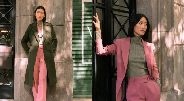 Due donne con outfit eleganti. Una indossa un cappotto verde oliva e pantaloni rosa, l'altra un tailleur rosa e un dolcevita verde oliva. I verde oliva abbinamenti sono chic.