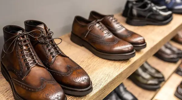 Vari tipi di scarpe eleganti in pelle marrone e nera, con dettagli traforati, disposte su scaffali di legno.