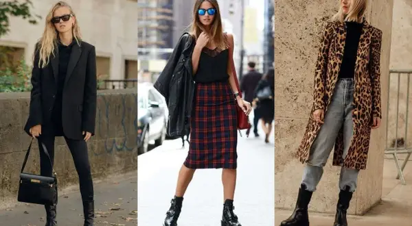 Tre donne sfoggiano un outfit con anfibi: uno total black elegante, uno con gonna a quadri e giacca di pelle, e uno con cappotto leopardato e jeans.