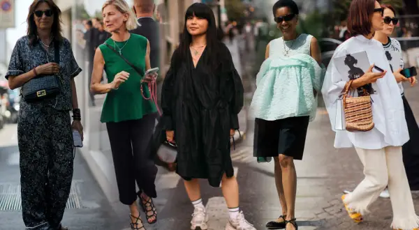 Cinque donne sfoggiano look eleganti, alcuni ideali come outfit per nascondere la pancia, con abiti ampi e pantaloni fluidi.