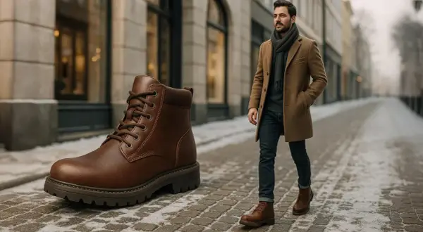 Un uomo elegante cammina su un vicolo innevato, accanto a un grande stivale Timberland. La timberland guida alle taglie ti aiuta a scegliere il modello perfetto.