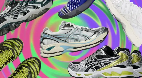 Scarpe sportive Asics in varie colorazioni e modelli, con un design dinamico su uno sfondo psichedelico. L'azienda Asics è nota per l'innovazione.