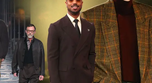 Uomo in abito marrone, uomo con giacca di pelle e uomo con blazer a quadri. Nero e marrone stanno bene insieme, creando un look elegante.