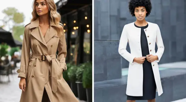 Donna con trench beige, perfetta per la sera. Accanto, un'altra donna con cappotto bianco elegante.