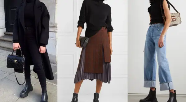 Tre modi per indossare stivaletti alla caviglia: total black elegante, con gonna a pieghe e jeans a vita alta.