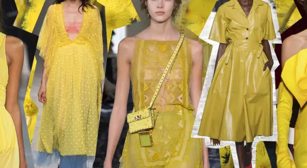 Modelli con abiti gialli. Scarpe da abbinare a vestito giallo: sandali blu, décolleté rosse.