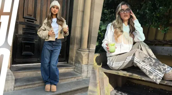 Due immagini affiancate: una donna con cappello e giacca beige, jeans larghi e pantofole **ugg si allargano**; l'altra seduta con felpa e pantaloni sportivi, indossa **ugg si allargano**.
