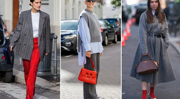 Tre donne mostrano come i colori da abbinare al grigio vestiti, con pantaloni rossi scintillanti, una borsa rossa vivace e calzini rossi con scarpe argentate.
