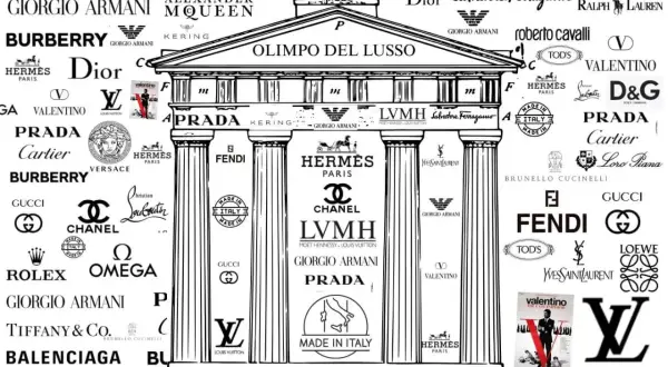 Un tempio stilizzato celebra le marche francesi famose e internazionali del lusso, con loghi come Chanel, Dior, Louis Vuitton e Hermès.