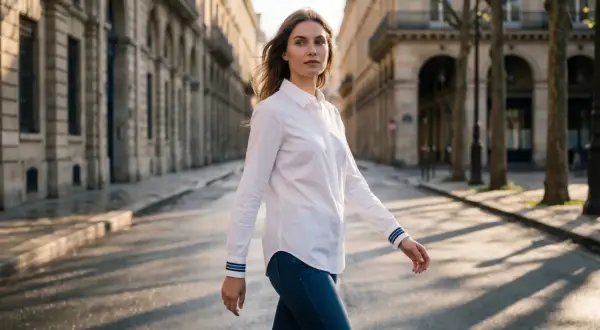 Donna con camicia bianca e jeans cammina per strada. Sotto la camicia bianca, un top a canotta o un body sono ideali.