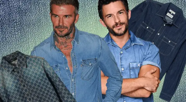 David Beckham e un altro uomo sfoggiano un outfit camicia jeans uomo, con camicie di diverse tonalità e fantasie in denim.