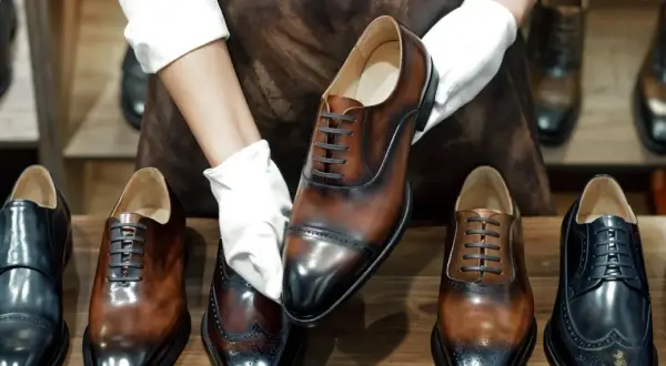Mani guantate presentano una scarpa stringata marrone lucida, con la linguetta scarpa ben visibile. Altre scarpe eleganti in esposizione.