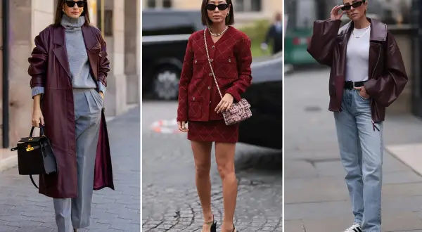 Tre look eleganti con il color vinaccia: cappotto in pelle con grigio, tailleur con mini gonna e giacca biker con jeans. Abbinamenti perfetti per ogni occasione.
