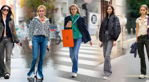 Cinque donne mostrano come abbinare le scarpe ai pantaloni a zampa: sneakers, stivali e sabot.