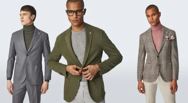 Tre uomini mostrano un elegante abbigliamento business casual uomo: completi grigi, giacche verdi e a quadri con dolcevita.