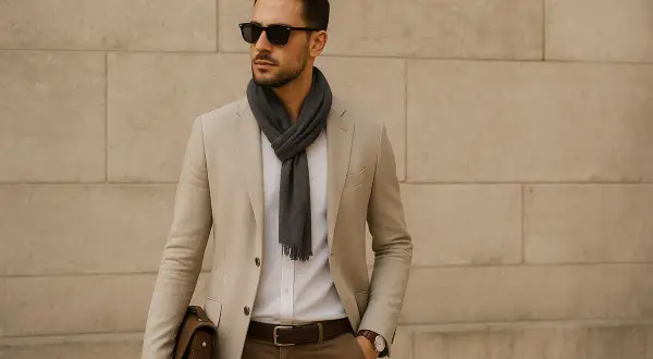 Uomo con outfit elegante: blazer beige, camicia bianca, sciarpa grigia e pantaloni marroni. Un perfetto outfit maglione collo alto uomo.