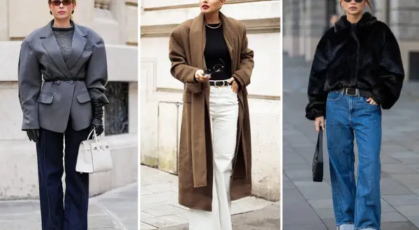 Tre donne sfoggiano un outfit con jeans per la sera: blazer grigio oversize, cappotto marrone lungo e giacca in pelliccia nera.