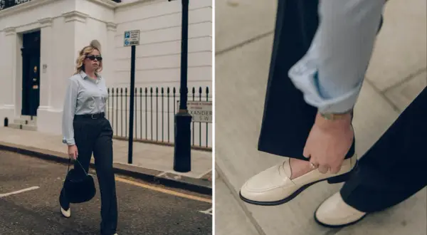 Scarpe per tailleur pantalone: mocassini chiari completano un look elegante con pantaloni scuri e camicia a righe.