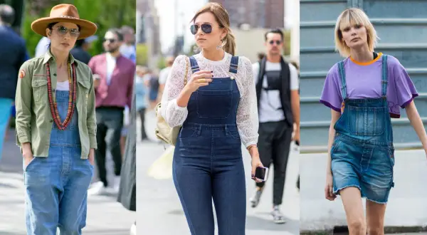 Tre donne indossano salopette di jeans. Una con camicia verde e cappello, una con blusa di pizzo, l'altra con t-shirt viola. Ecco cosa mettere sotto la salopette!