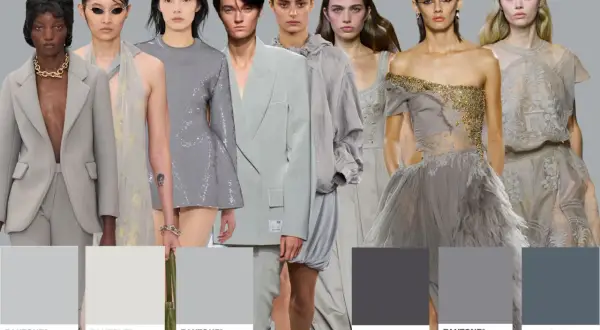 Modelle con abiti in varie tonalità di grigio, dal chiaro al grigio antracite scuro.