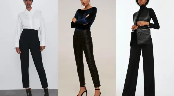 Tre modi per abbinare pantaloni neri eleganti uomo: con camicia bianca, top in velluto o gilet in pelle.