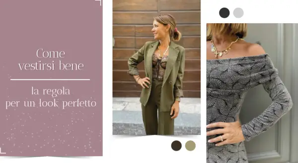 Come vestirsi bene: un completo verde militare con body in pizzo e un abito grigio con stampa foglie.