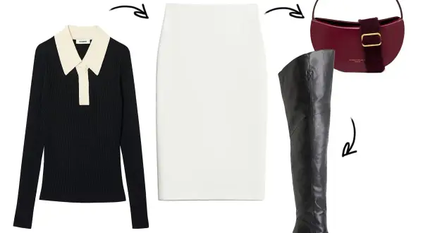 Look chic: maglione nero con colletto, gonna bianca e stivali alti sopra il ginocchio neri. Borsa bordeaux per completare.