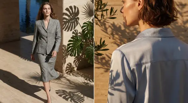 Eleganza sobria per una comunione: tailleur grigio chic e camicia azzurra.
